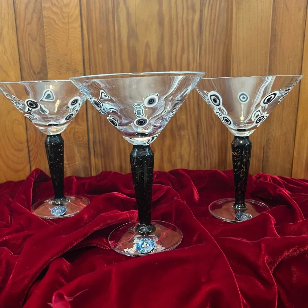 Murano Millefiori Hand Blown Martini Glasses Black White Murrine‎ Stem